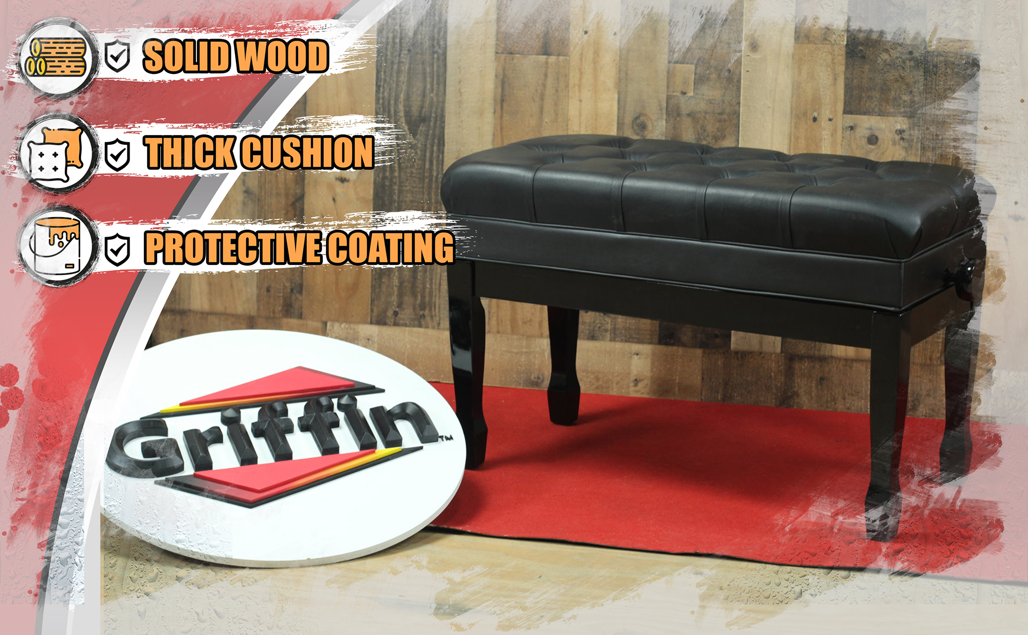 Griffin Genuine Leather Piano Bench Oversize Duet Vintage Black Solid Wood & Ergonomic Keyboard Stool 2 Person Cushion Seat & Sheet Music Book