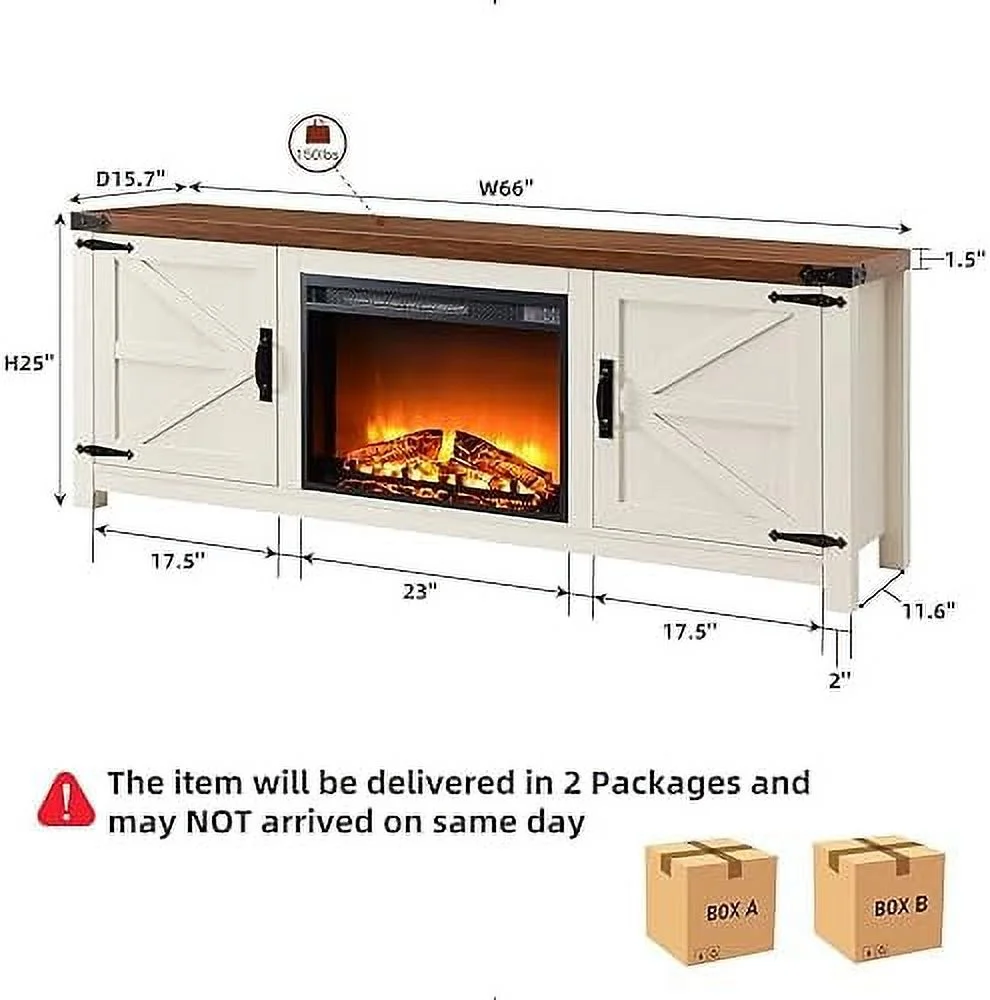 TJBOLIFE Farmhouse Fireplace TV Stand - for 70 75 Inch TV  Rustic Entertainment Center w/ 23" Electric Fire Place  Adjustable Shelves