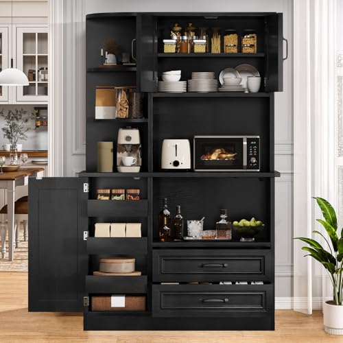 DWVO Kitchen Pantry Storage Cabinet, 64" H Kitchen Hutch Cabinet with Power Outlet, Sliding Racks with Door