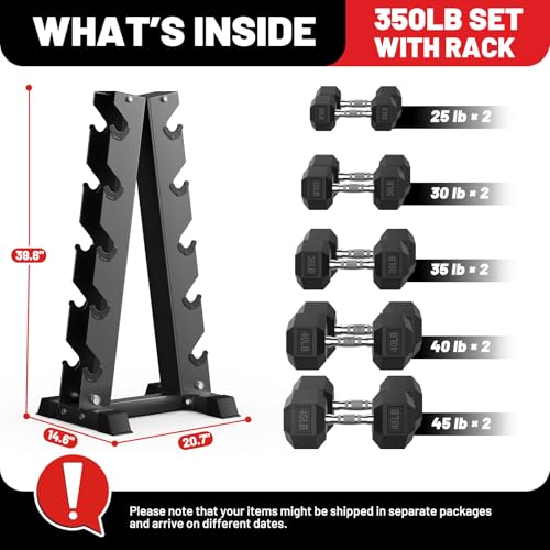 PAPABABE Hex Dumbbell Sets with Rack, 60-550lb Rubber Coated Dumbbell Weight Set and Storage Rack, Multiple Options Hand Weights for Strength Training