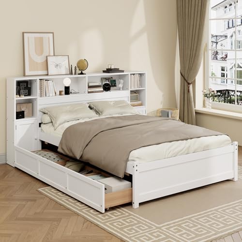 SOFTSEA Twin Size Captains Bed with 6 Storage Drawers and Bookcase Headboard, Wood Twin Storage Platform Bed with USB Ports