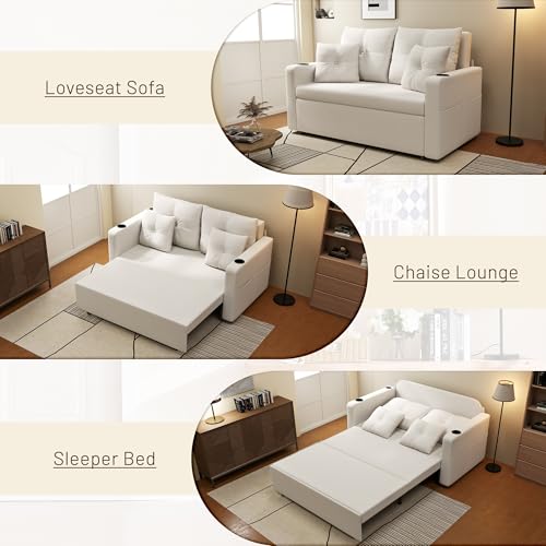 3 in 1 Pull Out Couch, 56 Inch Convertible Sleeper Sofa Bed, Loveseat Sofa with Cup Holders, USB, Sofa Couches for Living Room, Bedroom, Apartment