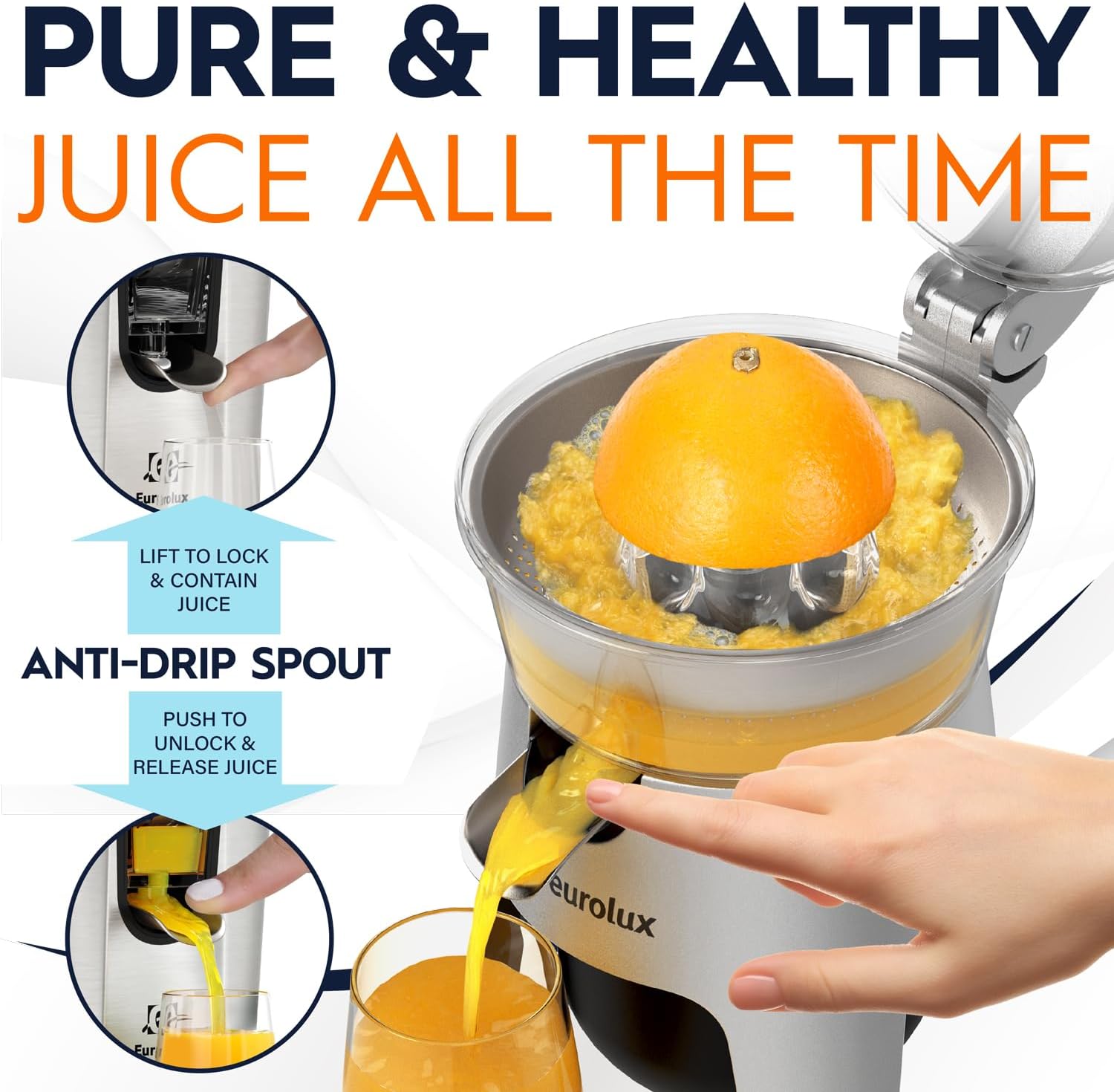 Eurolux Die Cast Stainless Steel Electric Citrus Juicer Squeezer, for Orange, Lemon, Grapefruit | 300 Watts of Power