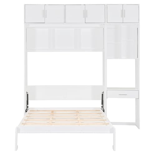 P PURLOVE Wood Twin Murphy Bed with Light and USB, Modern Wall Bed with Top Cabinet and Storage Shelves, Space Saving, No Box Spring Needed (Gray)