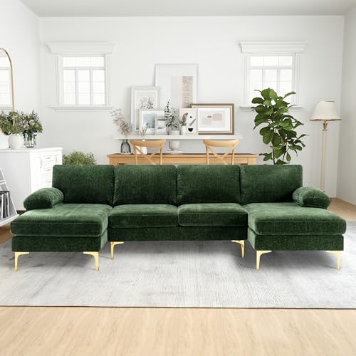 Modern U-Shaped Sectional Couch for Living Room - 110 in Chenille 4 Seater with Double Chaises and Golden Metal Legs - Ideal for Home, Office