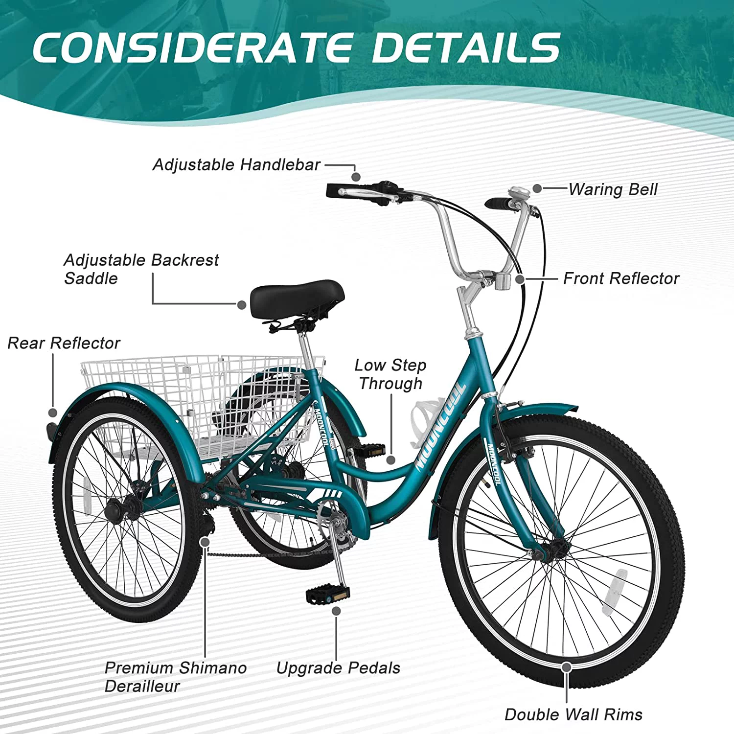 Docred Adult Tricycle 7 Speed 24 Inch Three Wheel Bike Cruiser Trike for Men/Women/Seniors