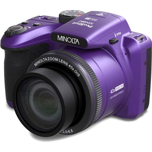 MINOLTA MN40Z 20 Mega Pixels 40x Optical Zoom Digital Camera with 1080p FHD Video (Purple) Bundle with 64GB Memory Card + Vlog Tripod + 4xAA Battery
