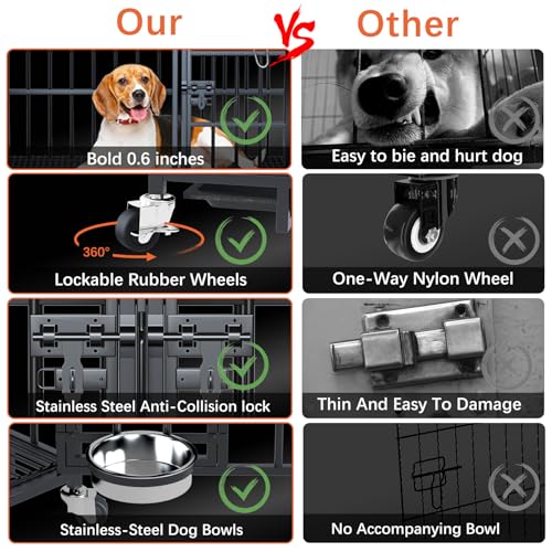 aboxoo 42/48 inch Heavy Duty Metal Dog Crate for 2 Dogs/Large Dog,All Metal Open Top,Dog Kennel Indoor with Wheels,Floor Grid, Tray