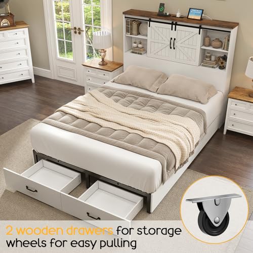 HOWE King Size Bed Frame, Wood Platform Bed Frame with 51.2" Bookcase Headboard, Storage Bed with Sliding Barn Door Charging Station 2 Drawers