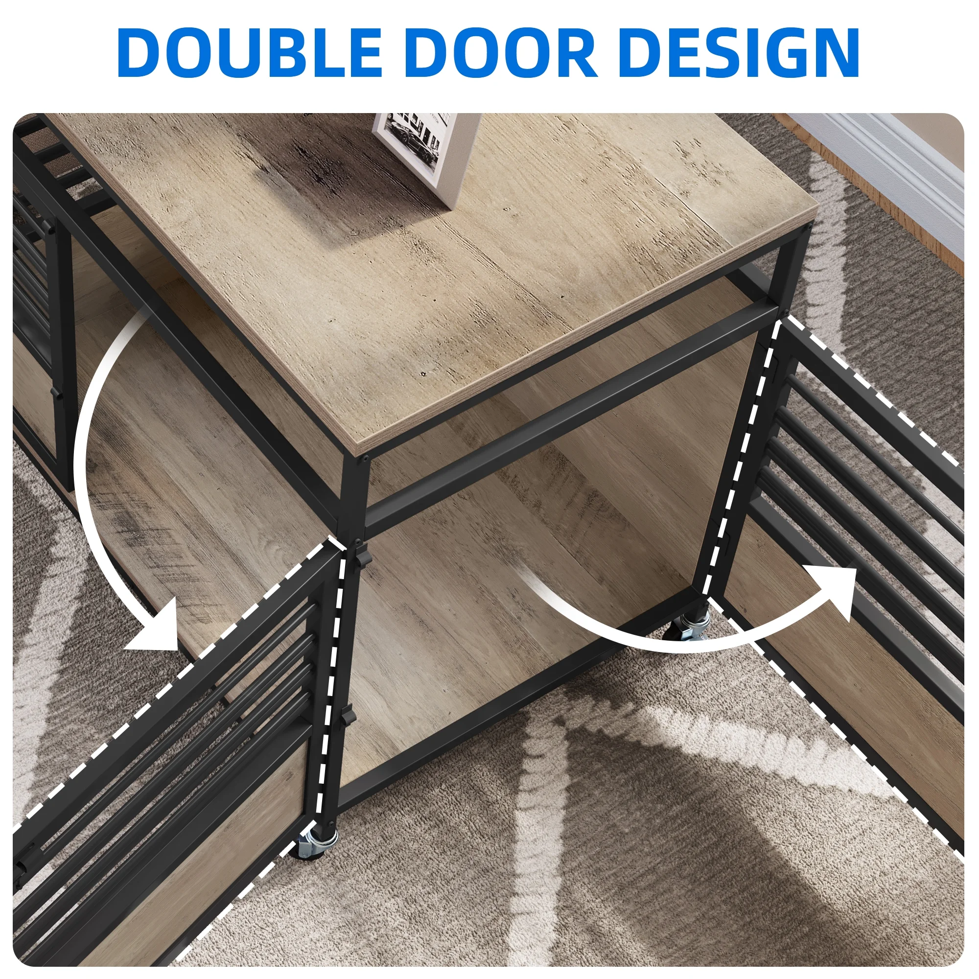 Dextrus Dog Crate Furniture with Wheels, 39.4 inch large Wooden Indoor Dog Kennel with Divider Room, End Table