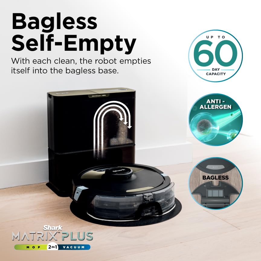 Shark Robot Vacuum & Mop Combo, Powerful Suction, Matrix Plus, 60-Day Debris Capacity, HEPA Bagless Self Empty Base, Sonic Mopping