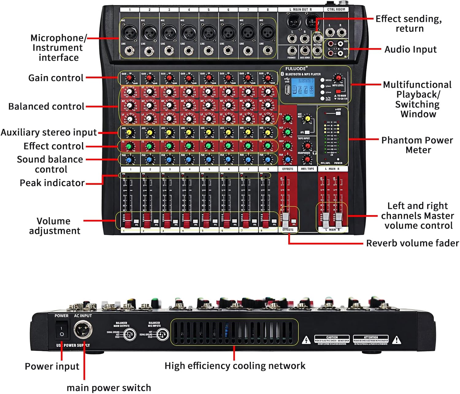 FULUODE CT80 Professional Audio mixer mixing Console 8 channels with MP3 Player +Bluetooth U disk 48V Phantom Power with DSP digital effects USB