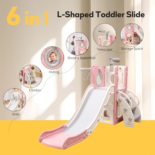 6 in 1 Toddler Playset with Slide, Kids Slide with Basketball Hoop, Ball, Ring Toss, Indoor Outdoor Toys (White Grey)