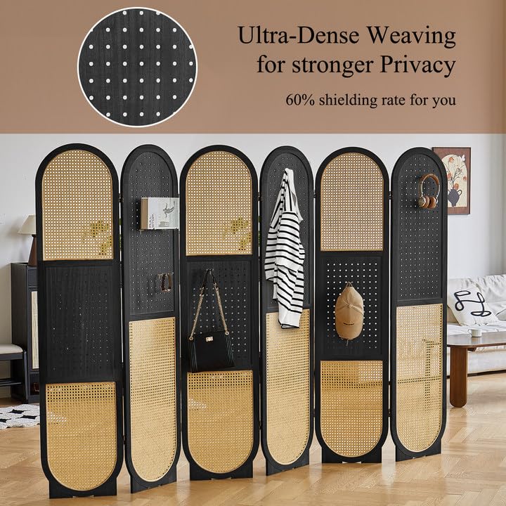 4 Panel Room Dividers and Folding Privacy Screens, 5.6Ft Wooden Pegboard Display, Privacy Dividers for Bedroom