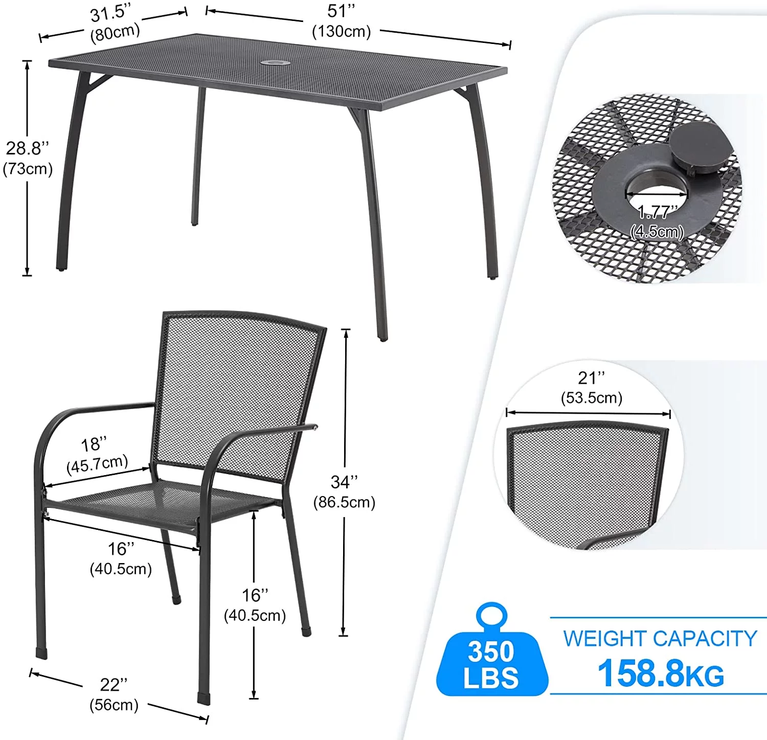 AECOJOY 5-Piece Patio Metal Dining Set with 4 Stackable Chairs-Dark Gray