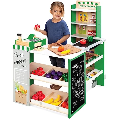 Best Choice Products Pretend Play Grocery Store Wooden Supermarket Toy Set for Kids w/Play Food, Chalkboard, Cash Register, Working Conveyor - Red