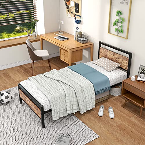 JURMERRY Queen Size Metal Platform Bed Frame with Wooden Headboard and Footboard Heavy Duty Steel Support, Mattress Foundation, No Box Spring Needed