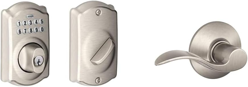 Schlage BE365CAM619 BE365 Camelot Keypad Deadbolt, Satin Nickel & F10 V Acc 619 Hall & Closet (Passage) Cylindrical Lock, 1 Pack, Satin Nickel