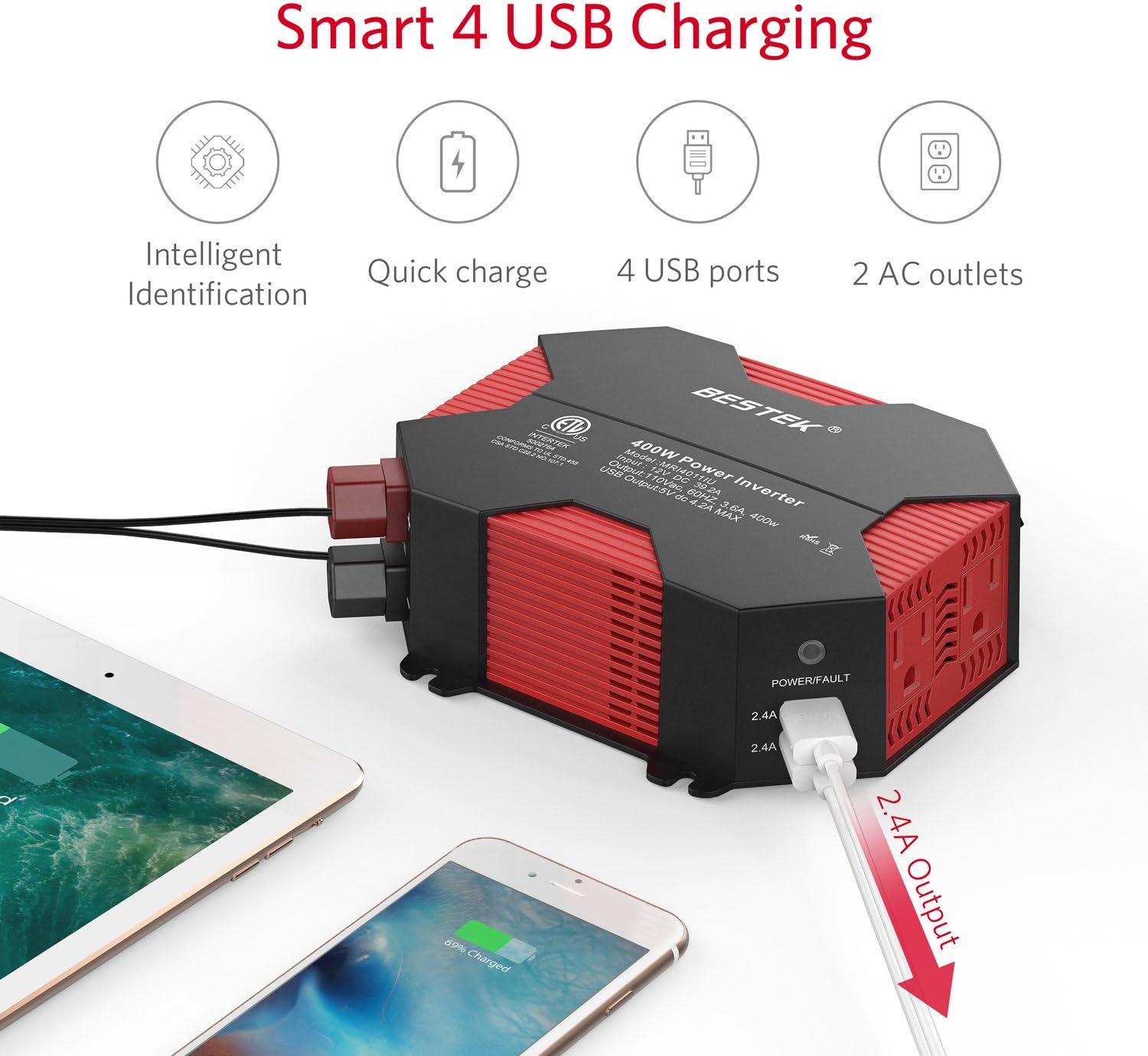 BESTEK 400W Car Power Inverter DC 12V to AC 110V Car Adapter with 5A 4 USB Charging Ports Pack of 2