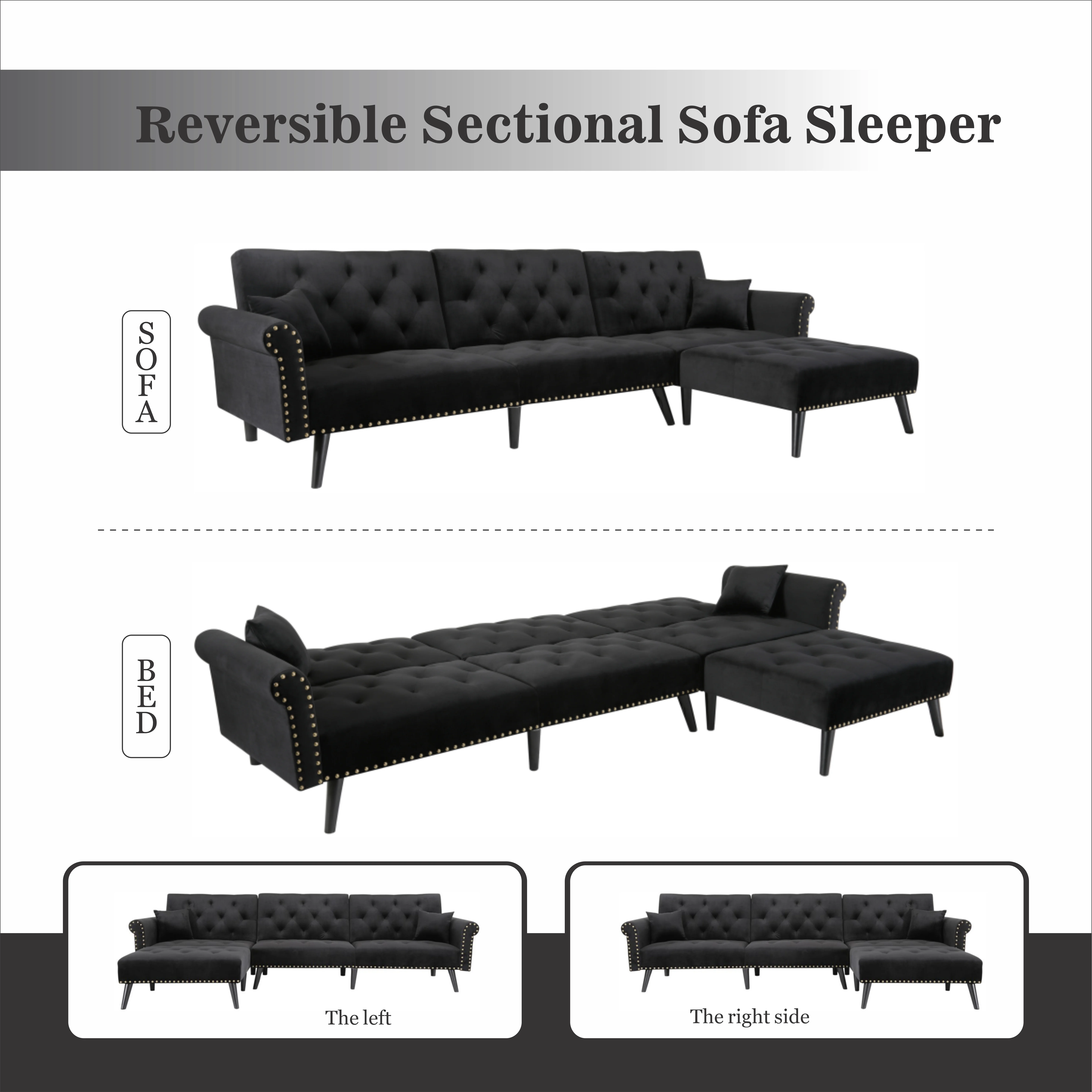 BSHTI 115 inch Stylish Minimalist Sectional Sofa Couch,Velvet Sleeper Futon bed with Reversible Chaise for Living Room(Black)
