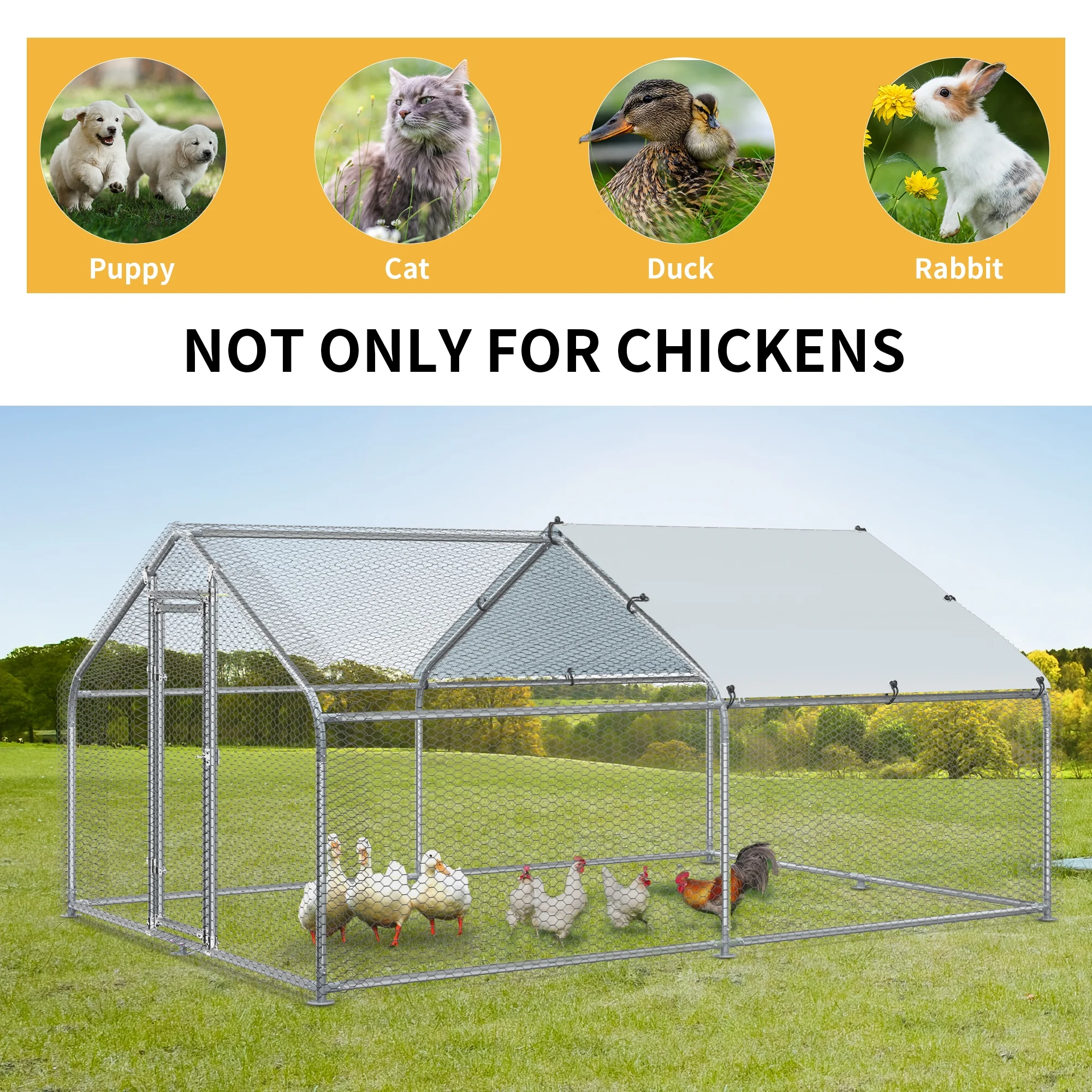 Dextrus Large Metal Chicken Coop Walk-in Poultry Cage Hen Run House Rabbits Habitat Cage Spire Shaped Coop with Waterproof and Anti-Ultraviolet Cover