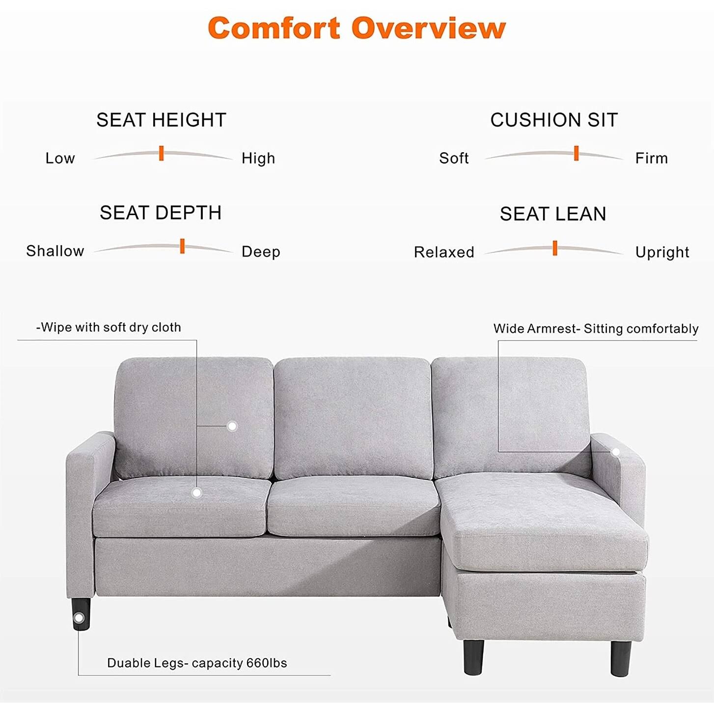 Futzca Convertible Sectional Sofa Couch with Reversible Chaise, Modern Linen Fabric L-Shaped Couch for Small Space - Ash