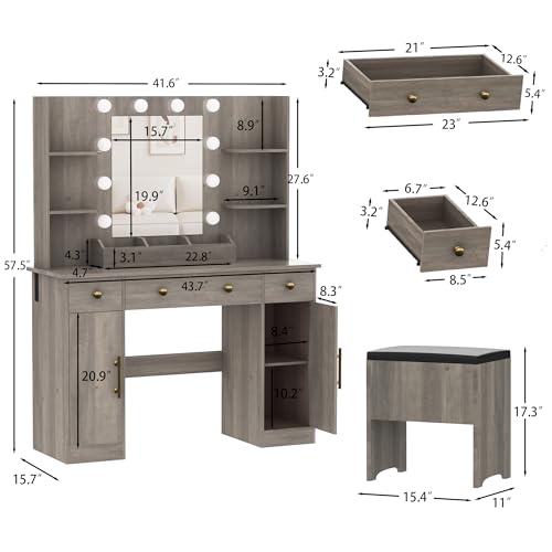 Vanity Desk with Mirror and Lights, Makeup Vanity with Charging Station & Vanity Stool