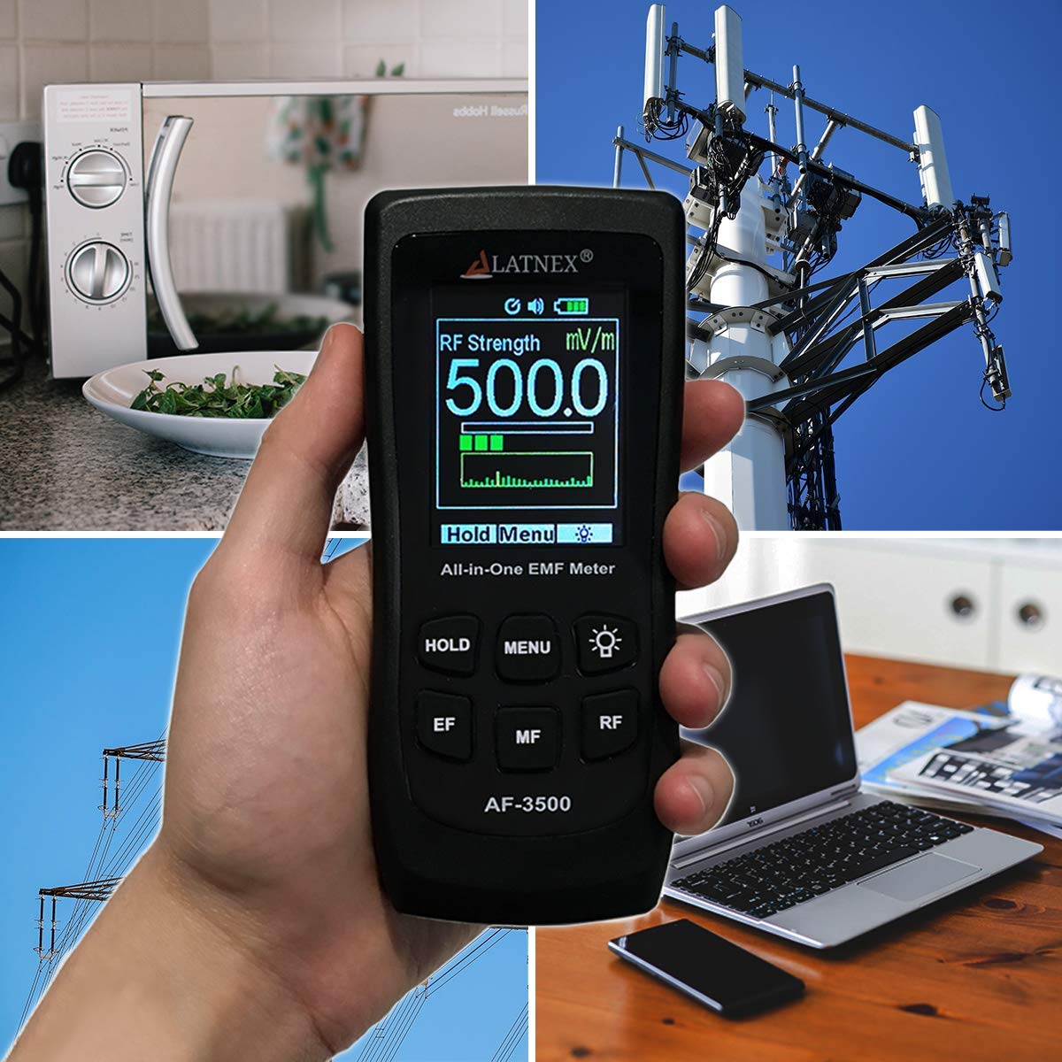 LATNEX AF-3500 EMF Meter RF Detector and Reader with Calibration Certificate - Measures RF and Microwaves