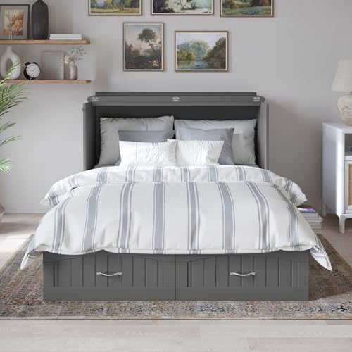 AFI Southampton Queen Murphy Bed Chest with Mattress, Storage, and Built-in Charger in Grey