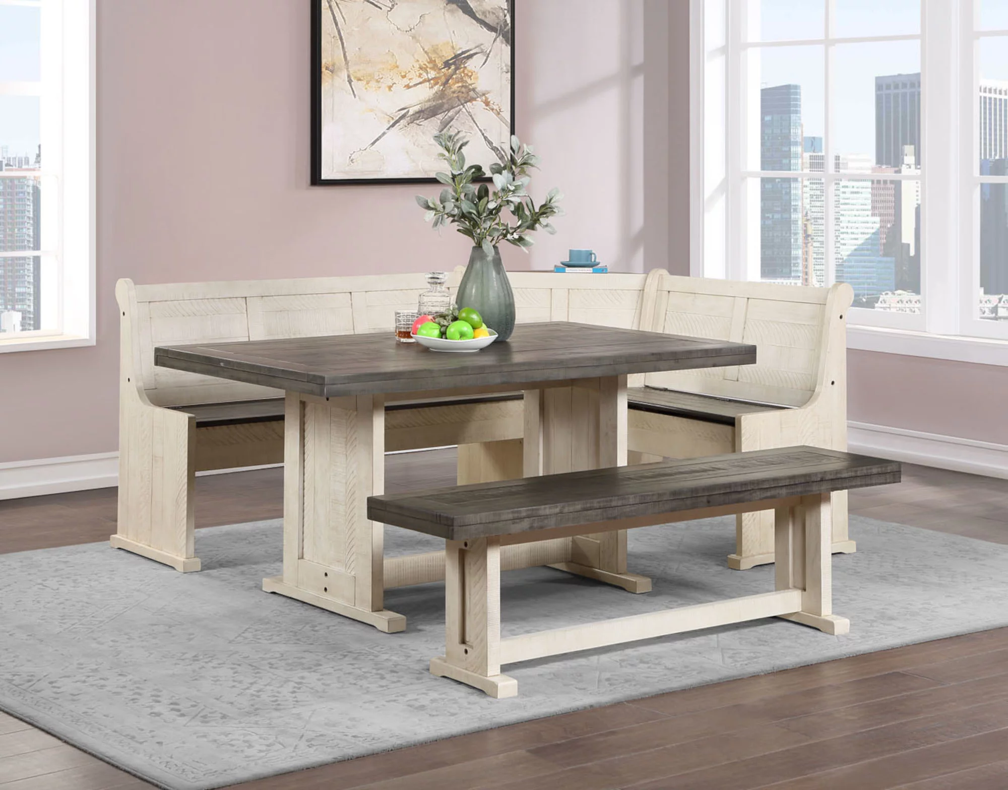 Sunny Dining Nook Table Set Off White Grey Wood w Kitchen Corner Storage Bench