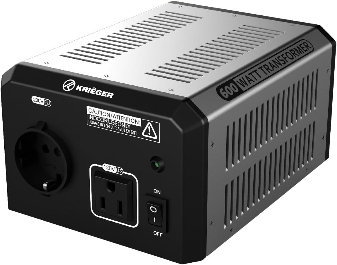 Krieger 600 Watt Voltage Transformer, 110/120V to 220/240V Step Up Step Down Voltage Converter with AC Outlets, MET Approved Under UL, CSA