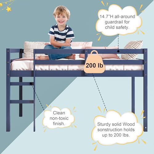 Low Loft Bed Twin Size, Kids Solid Wood Modern Loft Bed Frame with Ladder and Safety Guardrail for Girls Boys, Noise-Free,Non-Toxic Finishes