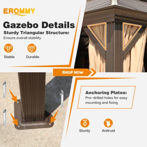 EROMMY 14'x20' Hardtop Gazebo Double Roof Galvanized Steel Canopy Outdoor Aluminum Frame Permanent Metal Pavilion with Netting and Curtains for Patio