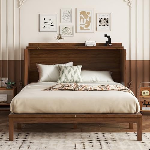 KEIKI Queen Murphy Bed Cabinet with Charging Station & Rattan Design – Space-Saving Wall Bed with Large Storage Drawer