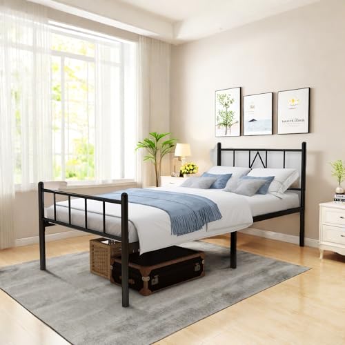 Full Size Bed Frame, 14 Inch Metal Platform Bed with Iron-Art Headboard & Footboard, Classic Bed Frame with Heavy Duty Metal Slats Support