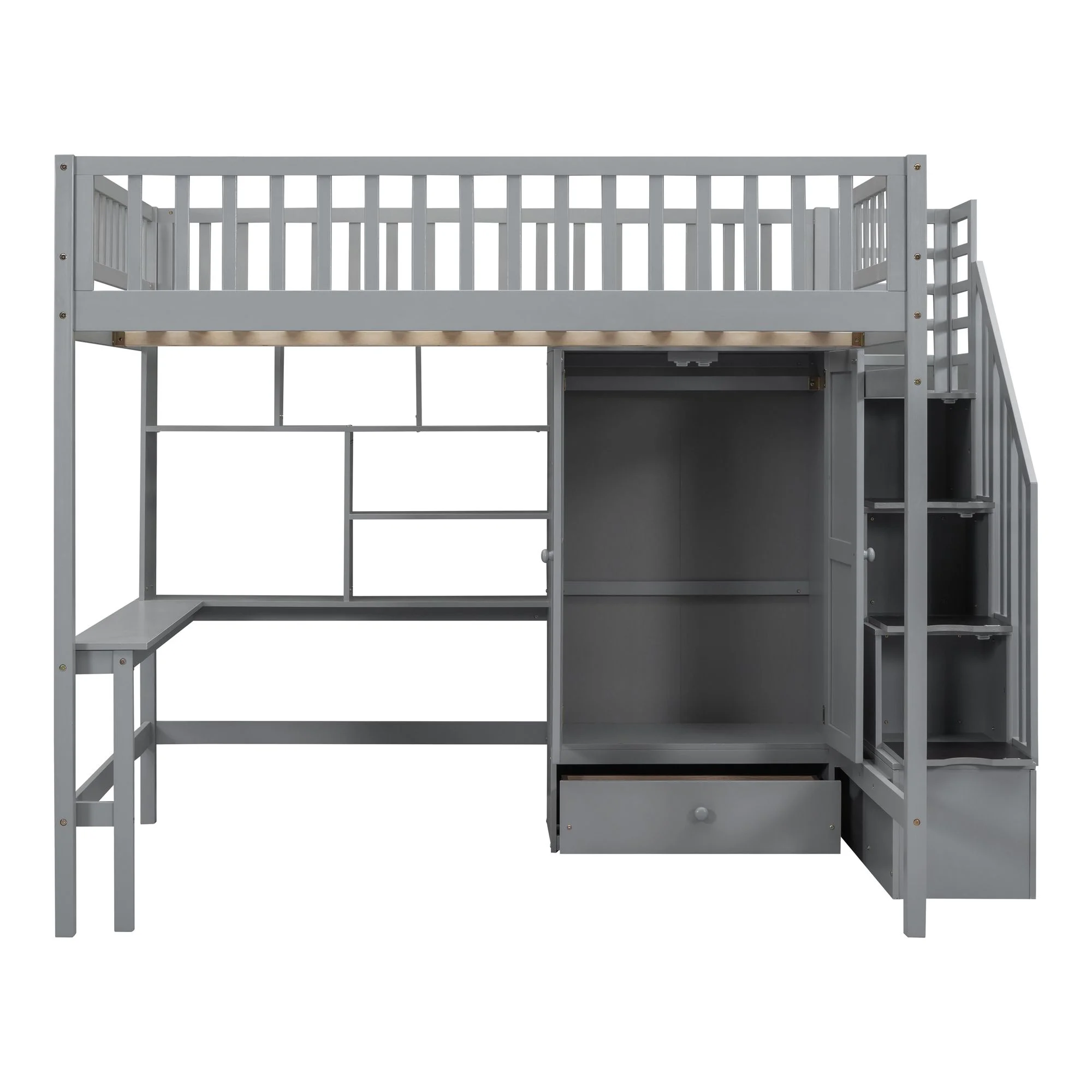 Full size Multifunctional High Loft Bed with Under-bed Desk, Shelves and Wardrobe, Sturdy Wooden Loftbed Frame with Bookshelf