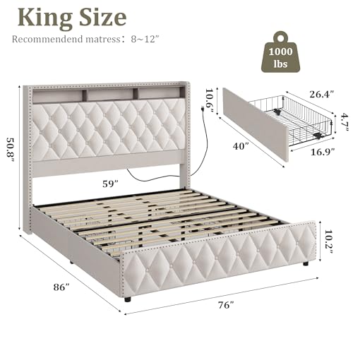 GarveeHome Queen Bed Frame with 50.8" Tall Headboard, Platform Velvet Upholstered Bed Frame with 4 Storage Drawers, USB Charging Station, Led Lights