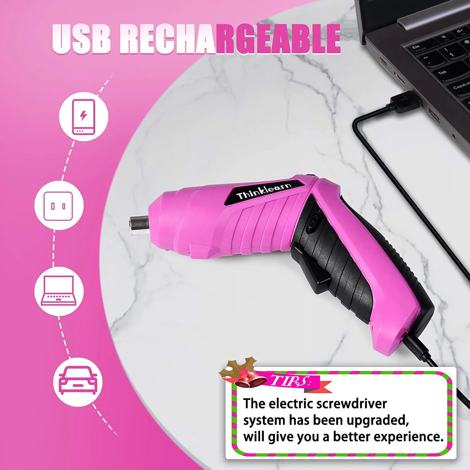 ThinkLearn Pink Tool Kit with 20V Cordless Drill(265in-lbs), Pink Drill Set for Women,Lady's Home Tool Kit for DIY