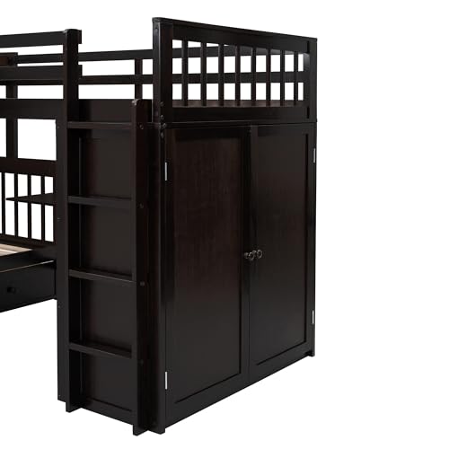 Merax L-Shaped Triple Bunk Bed with Desk & Stairs, Twin & Twin Over Full Bunk Bed for 3, Storage Drawers and Wardrobe Included, for Adults
