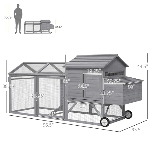 PawHut 96.5" Chicken Coop Wooden Hen House Poultry Cage Pen Portable with Wheels and Nesting Box, Chicken Cage for Backyard Outdoor, Natural