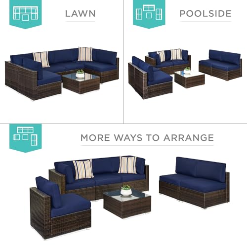 Best Choice Products 7-Piece Modular Outdoor Sectional Wicker Patio Conversation Set w/ 2 Pillows, Coffee Table, Cover Included - Gray/Navy