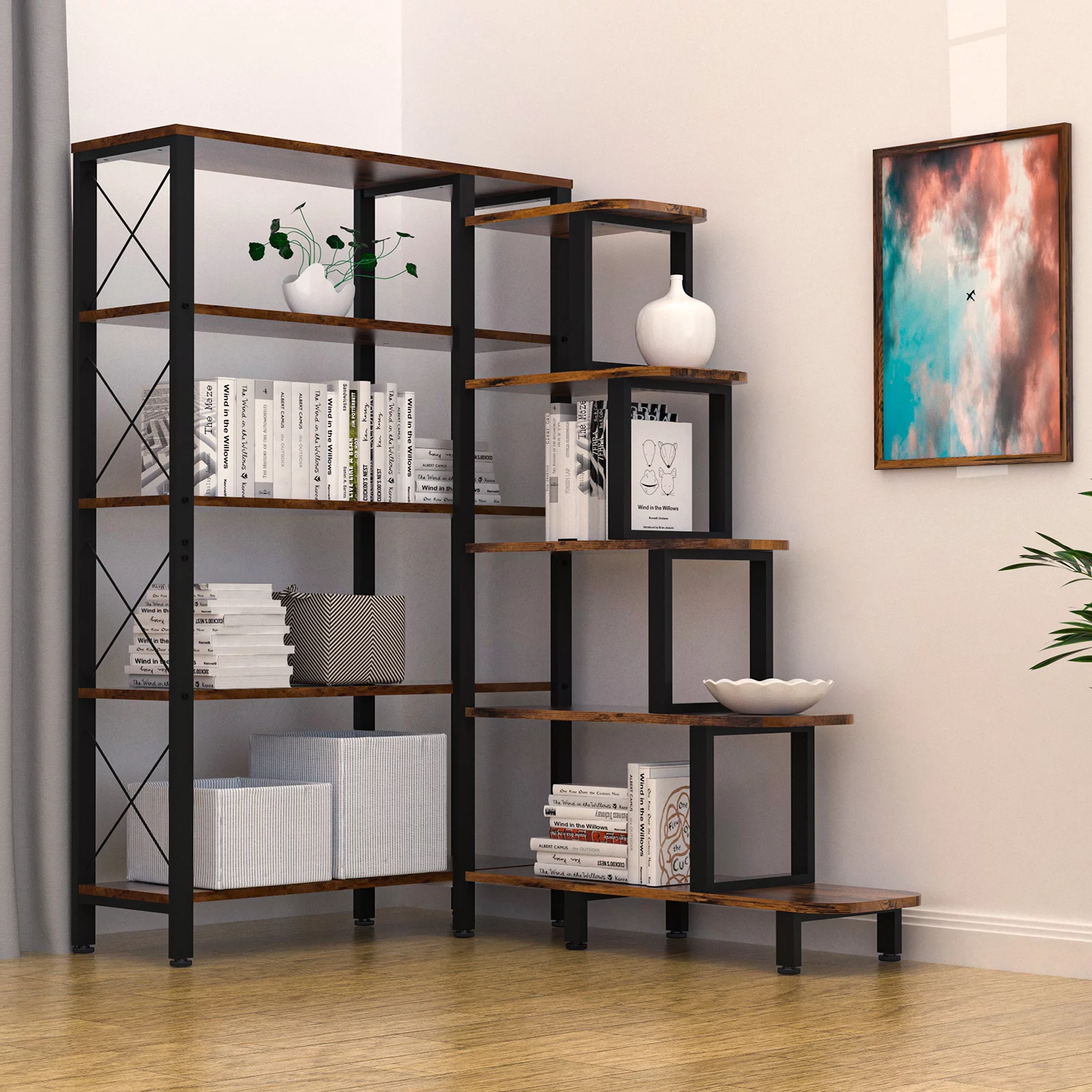Corner Bookshelf Bookcase, Large Reversible 5 Tier Ladder Shelves Storage Display Rack with Metal Frame