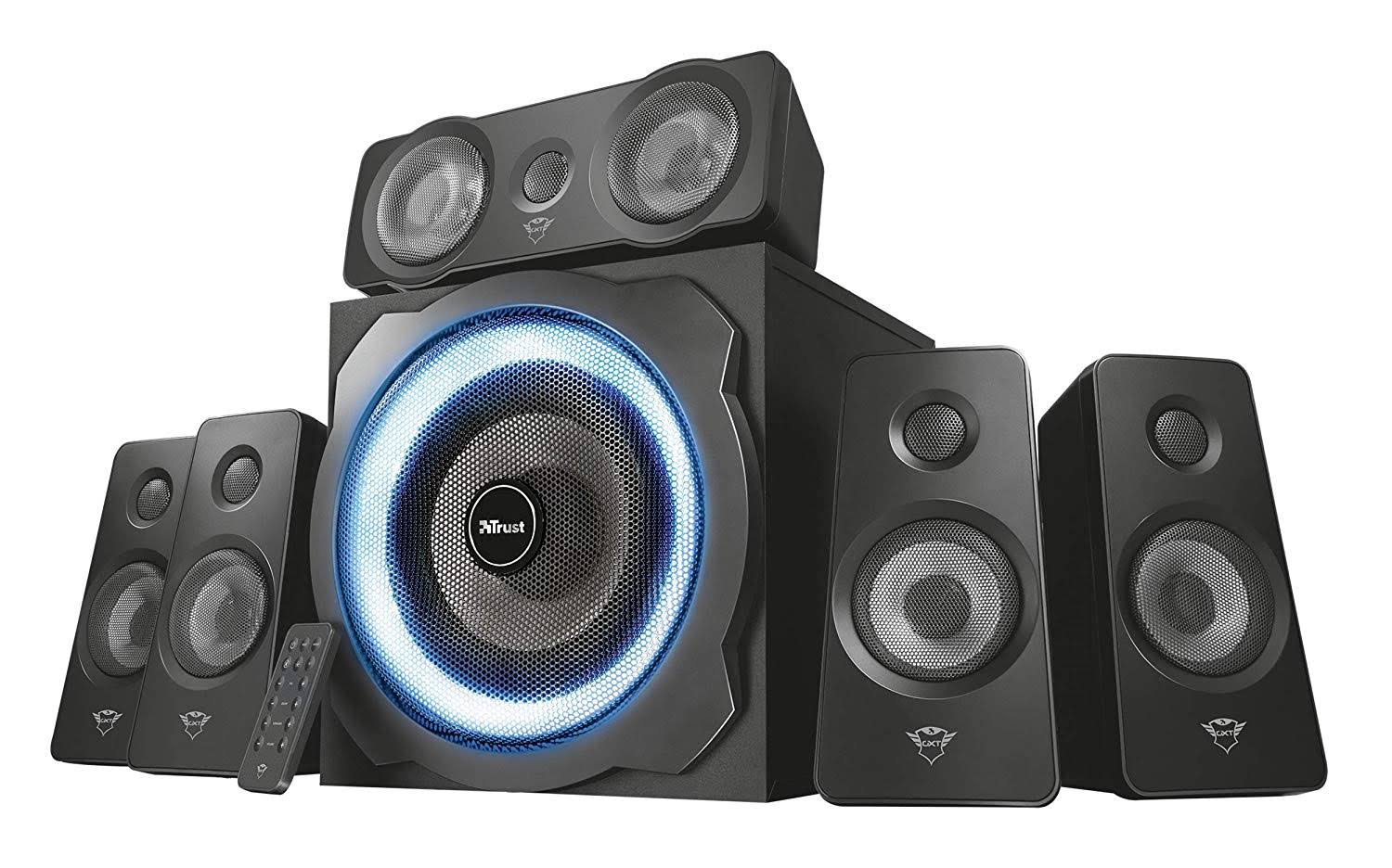 Trust Gaming GXT 658 Tytan 5.1 Surround Sound Speaker System, PC Speakers with Subwoofer, UK Plug, LED Illuminated, 180 W - Blac - Avayadevconnect