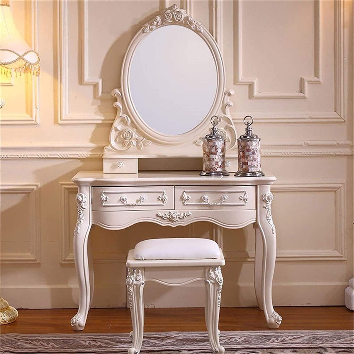 Luxury Dressing Vanity Table w/Stool for Bedroom, 2 in 1 Makeup Vanity Desk European Style Dressing Table Solid Wood Small Apartment Mini Carved