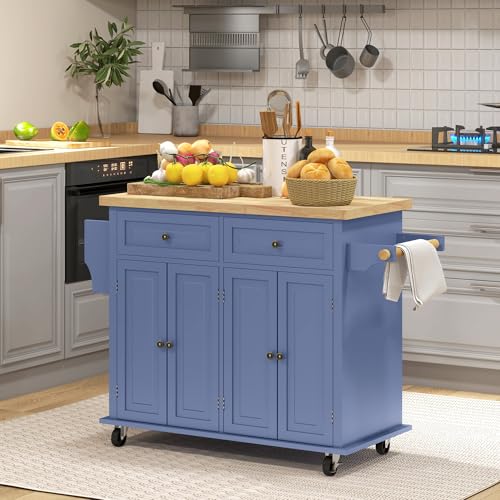 HOMCOM Kitchen Island on Wheels, Rolling Cart with Rubberwood Top, Spice Rack, Towel Rack and Drawers for Dining Room, Navy Blue
