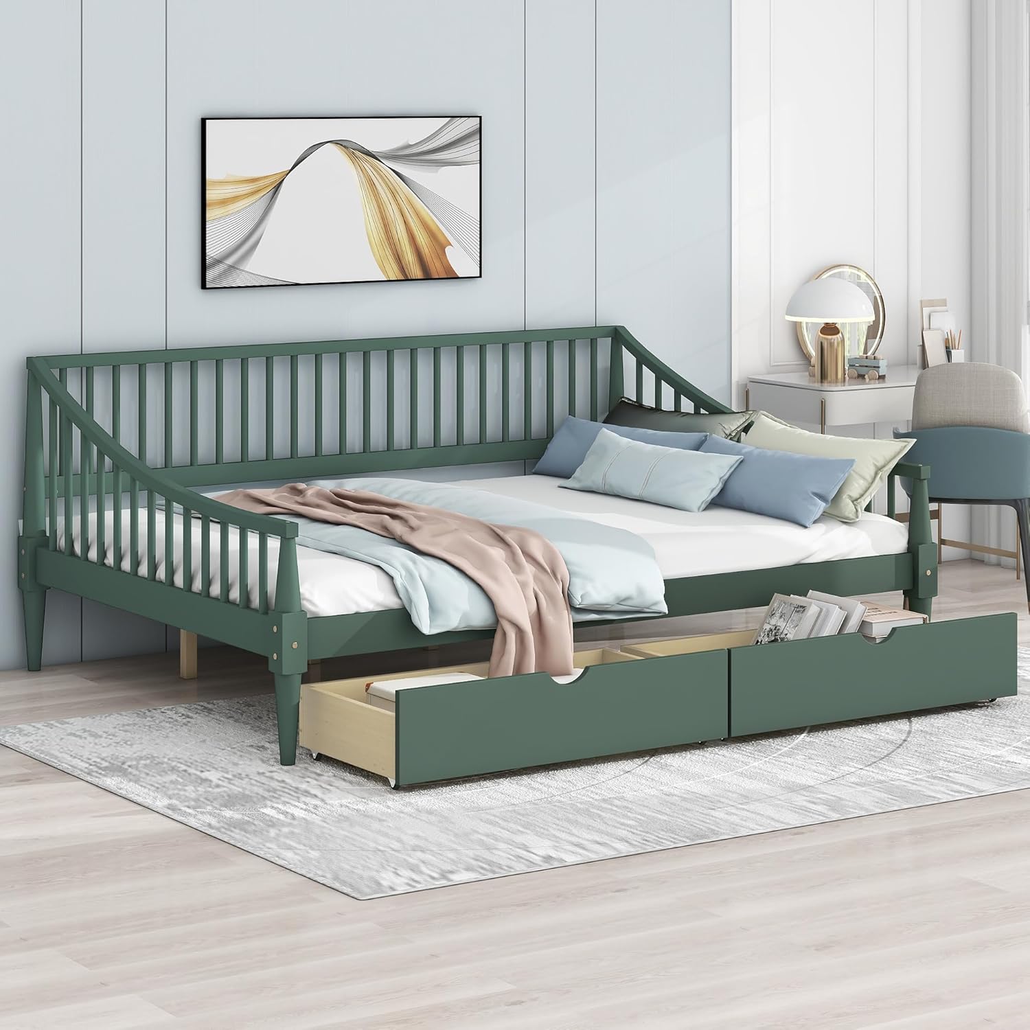 Full Size Daybed with Two Drawers,Solid Wood Storage Bed Frame W/Wooden Slat Support,Guide Rail Design on Three Sides,Easy to Assemble