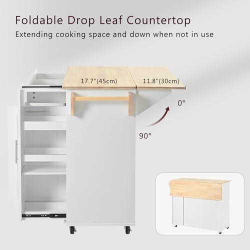 55.7'' Large Kitchen Island with 2 Drop Leaf, Rolling Kitchen Cart on 5 Wheels with Power Outlet