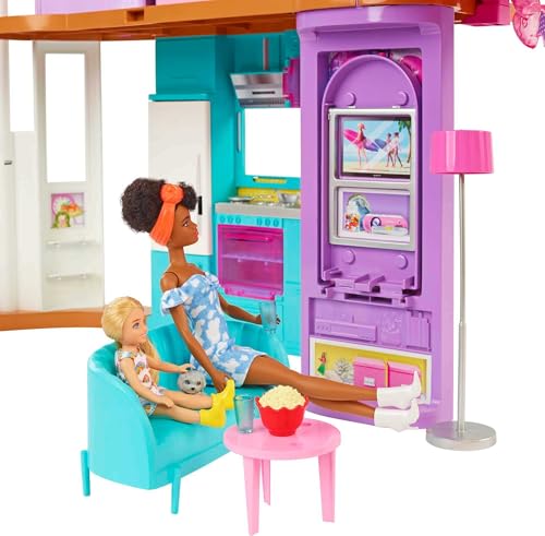 Barbie Vacation House, 2-Storey Fully-Furnished Barbie House with 6 Play Areas, Swing Chair Elevator, 30 Accessories, Fold and Store