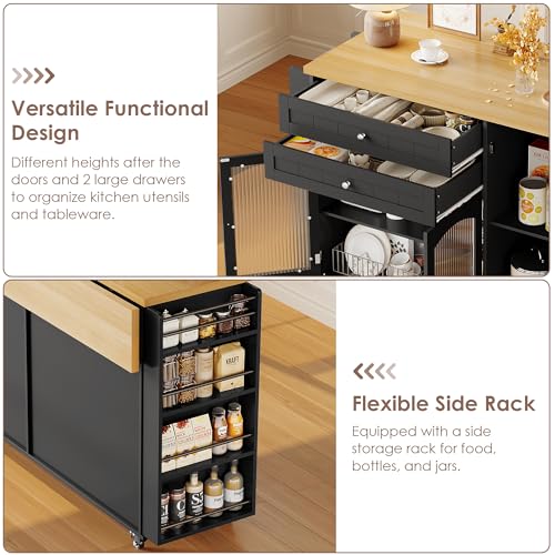 FINETONES Kitchen Island with Storage, Rolling Kitchen Island on Wheels with Wood Drop Leaf Countertop