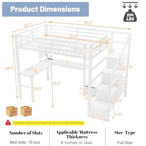 Queen Loft Bed with L-Shaped Desk and Stairs,Metal Queen Size LoftBed with Wardrobe and Adjustable Shelf, Gaming Bed with LED and USB